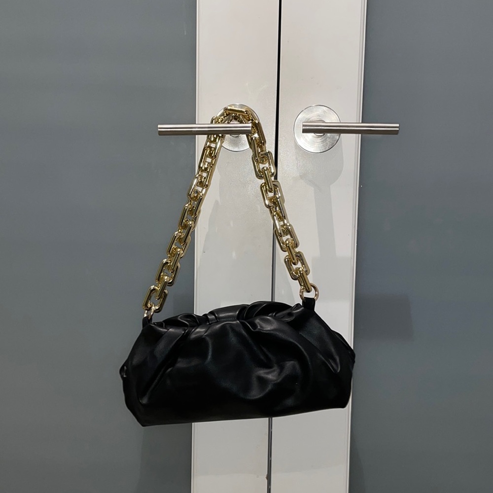 Gold Chain Black Faux Leather Shoulder Purse